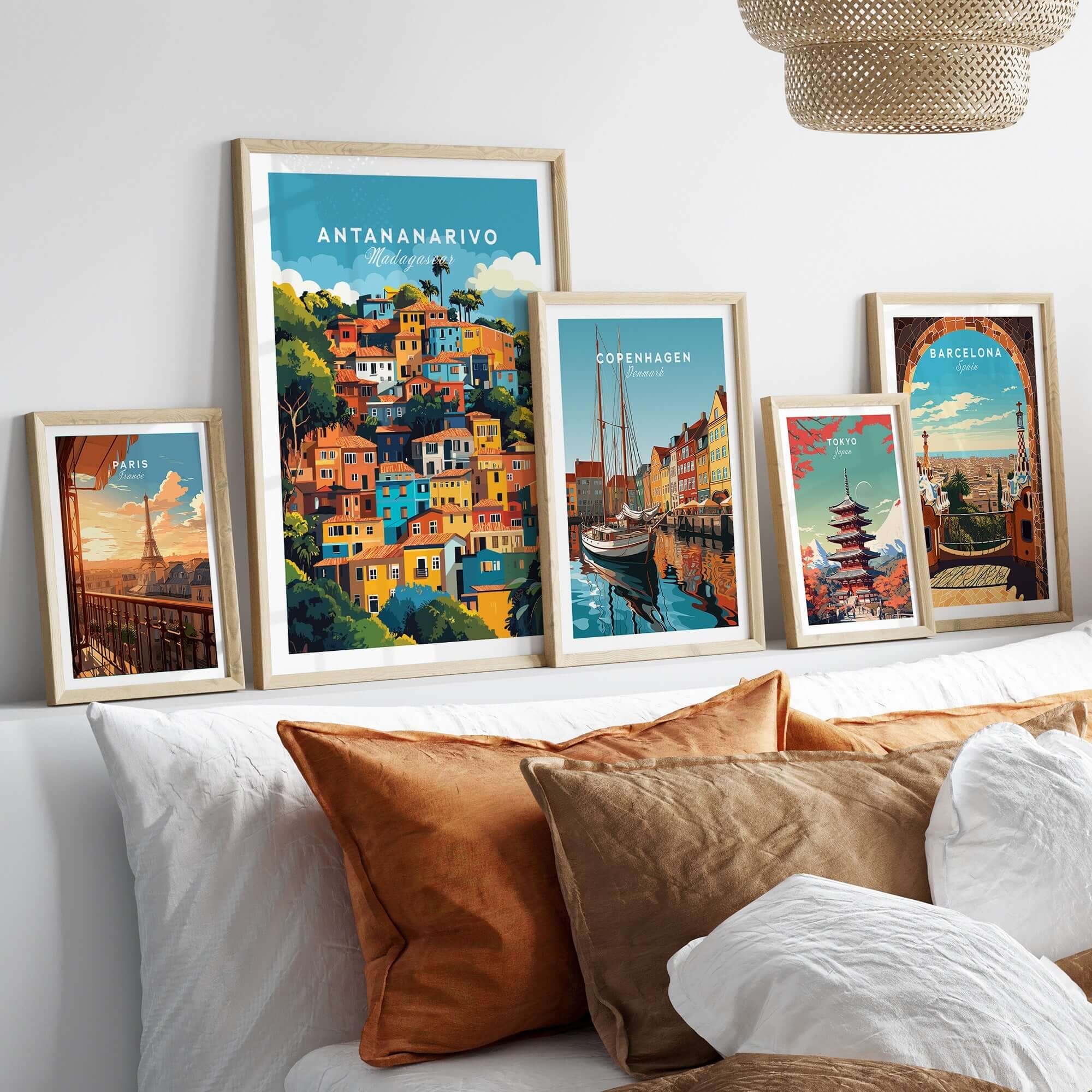 Antananarivo Wall Art featured among travel posters, showcasing vibrant cityscapes and cultures, perfect for home decor.