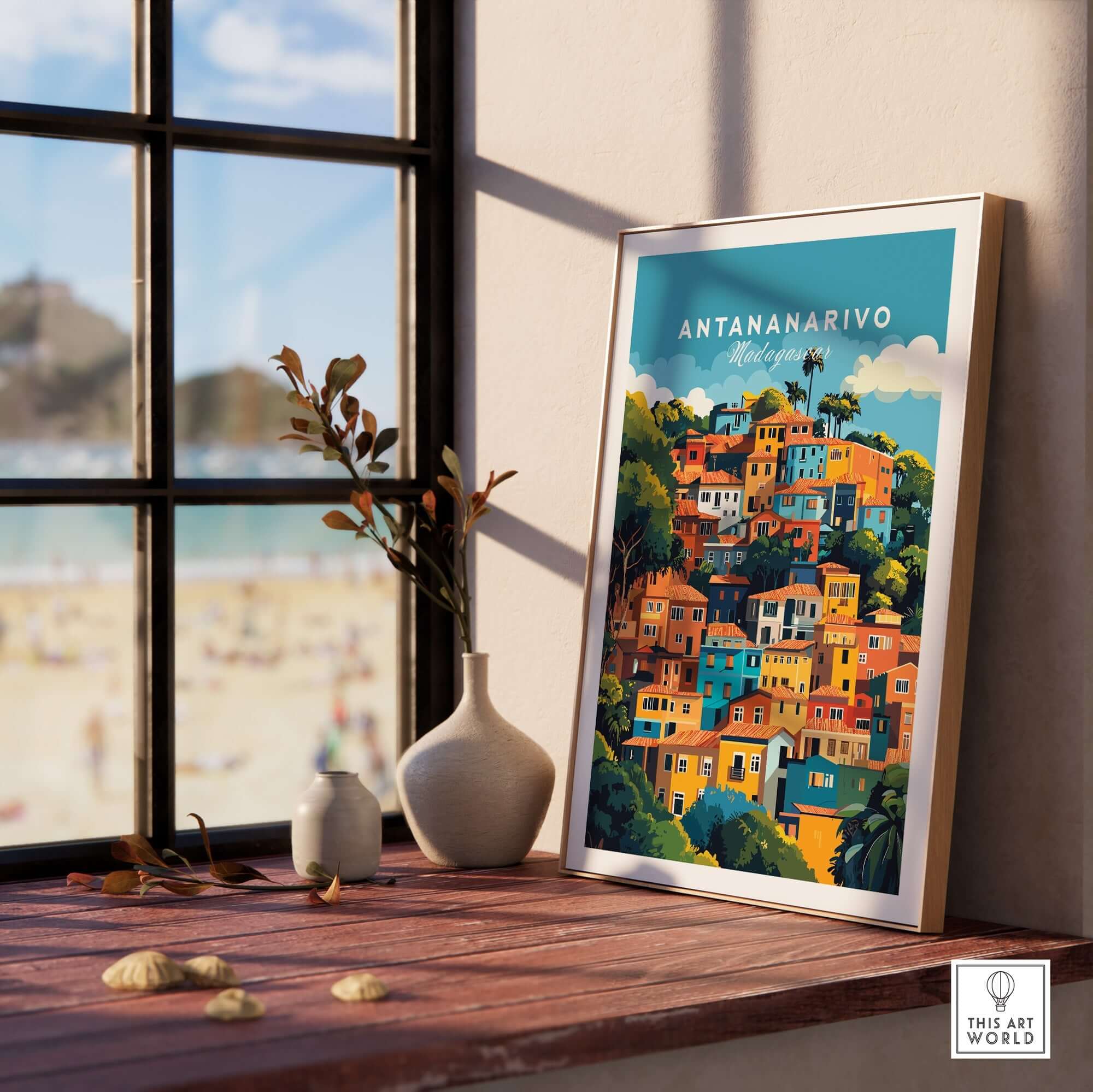 Antananarivo Wall Art displayed in a bright room, showcasing the colorful landscape of Madagascar.