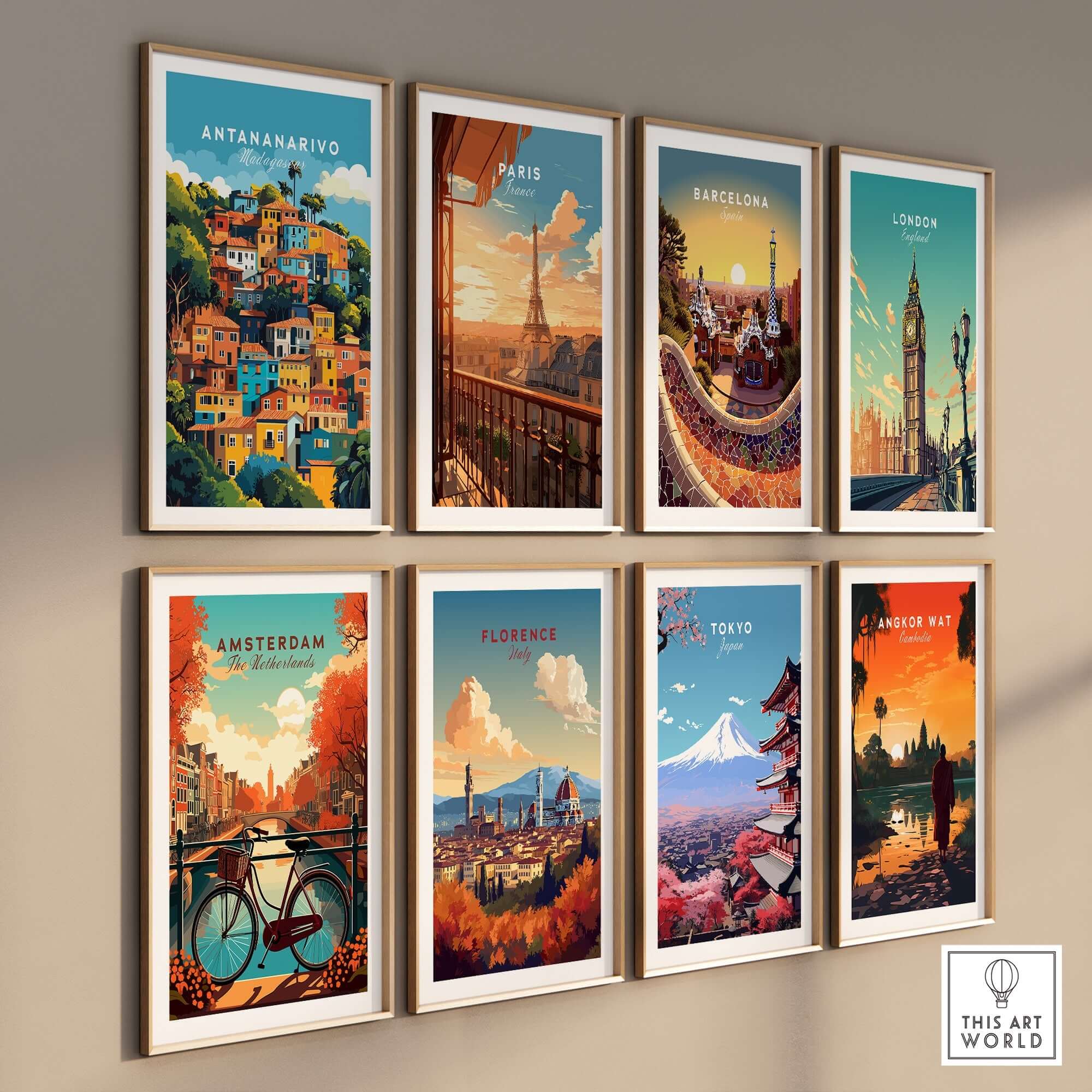 Antananarivo Wall Art featuring vibrant travel posters of famous cities including Paris, Barcelona, London, and more.