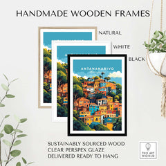 Antananarivo Wall Art displayed in handmade wooden frames: natural, white, and black options, sustainably sourced wood.
