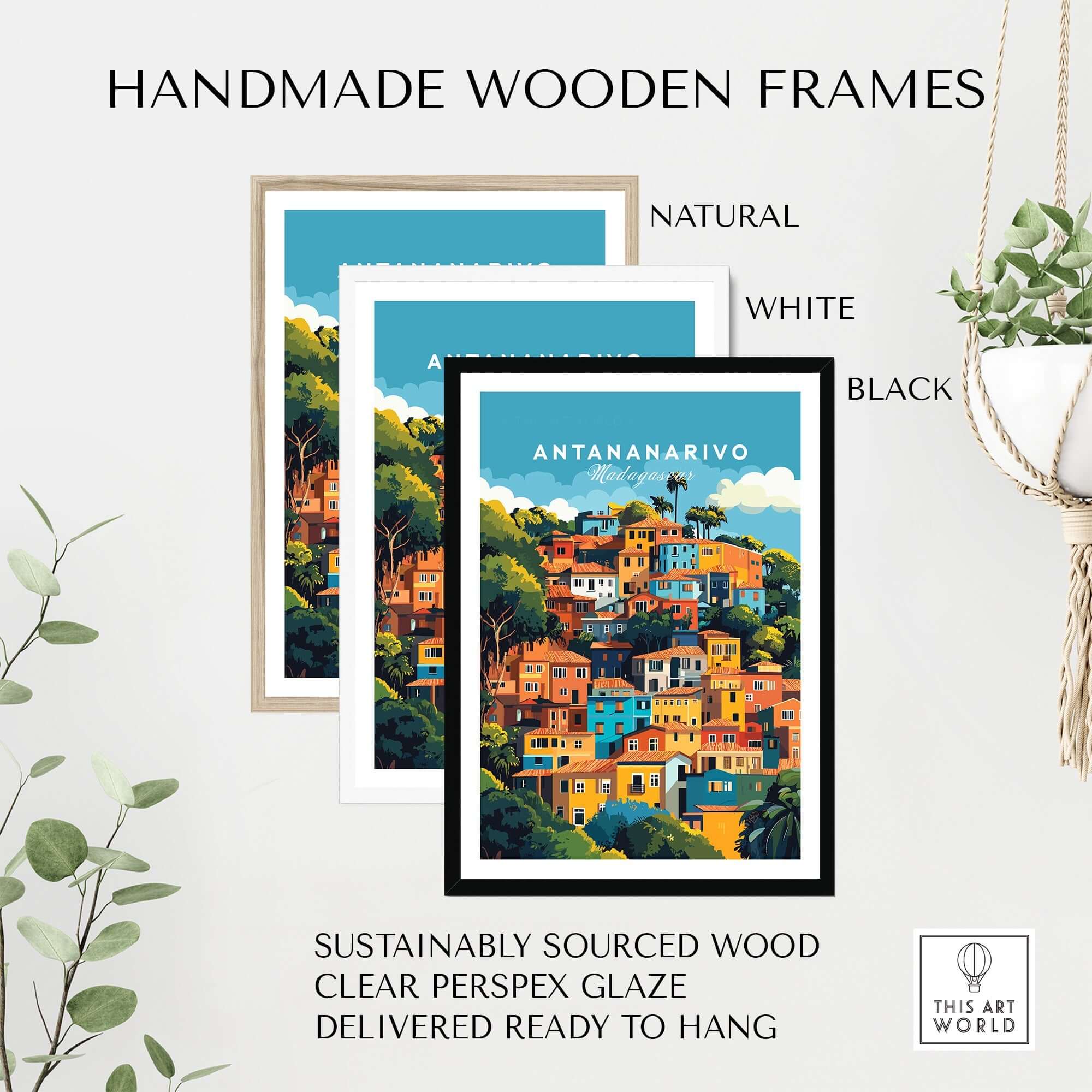 Antananarivo Wall Art displayed in handmade wooden frames: natural, white, and black options, sustainably sourced wood.