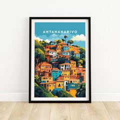 Antananarivo Wall Art featuring vibrant colorful houses of Madagascar in a framed poster design.