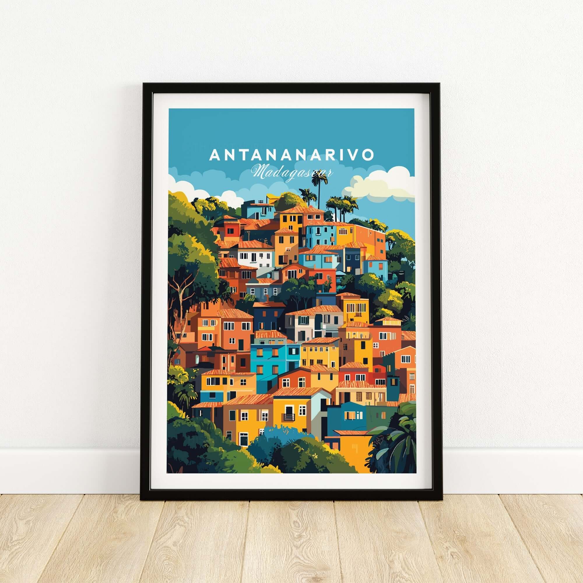 Antananarivo Wall Art featuring vibrant colorful houses of Madagascar in a framed poster design.
