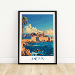 Antibes Art Print featuring a vibrant coastal scene of Antibes, France, with palm trees and beautiful waters.