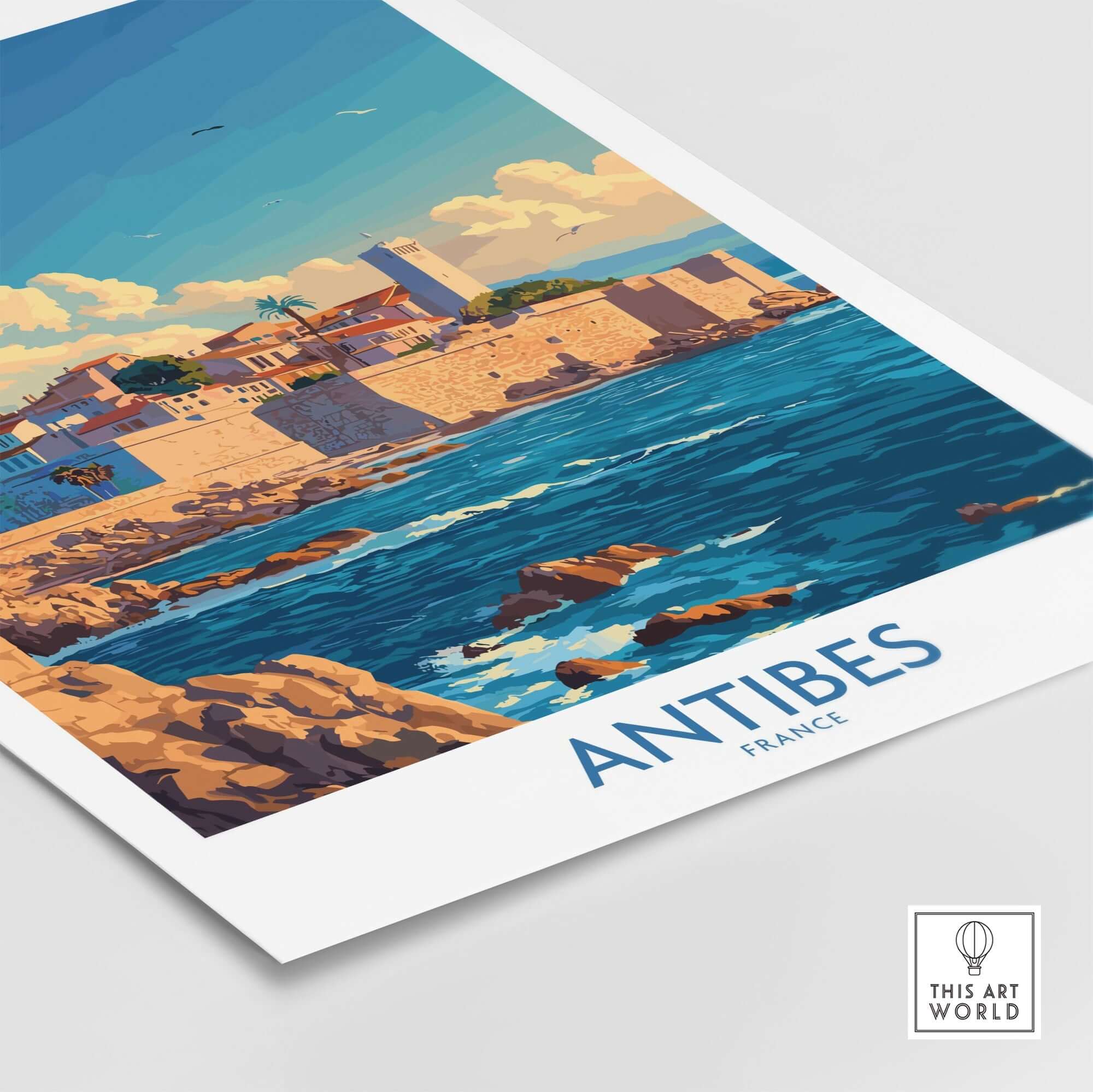 Antibes Art Print showcasing a vibrant scene of Antibes, France with beautiful coastline and architecture.