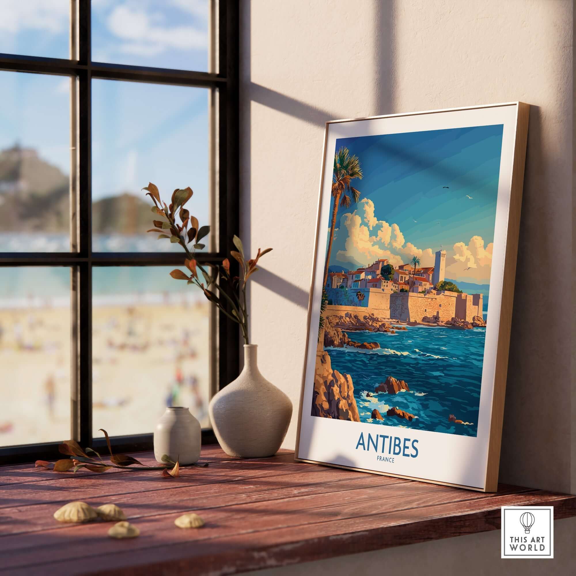 Antibes Art Print displayed in a bright room, showcasing a vibrant coastal scene inspired by Antibes, France.