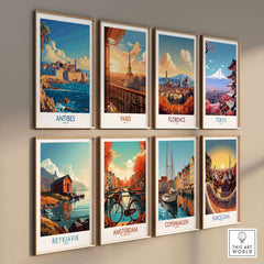 Antibes Art Print displayed among other vibrant travel posters showcasing famous cities.