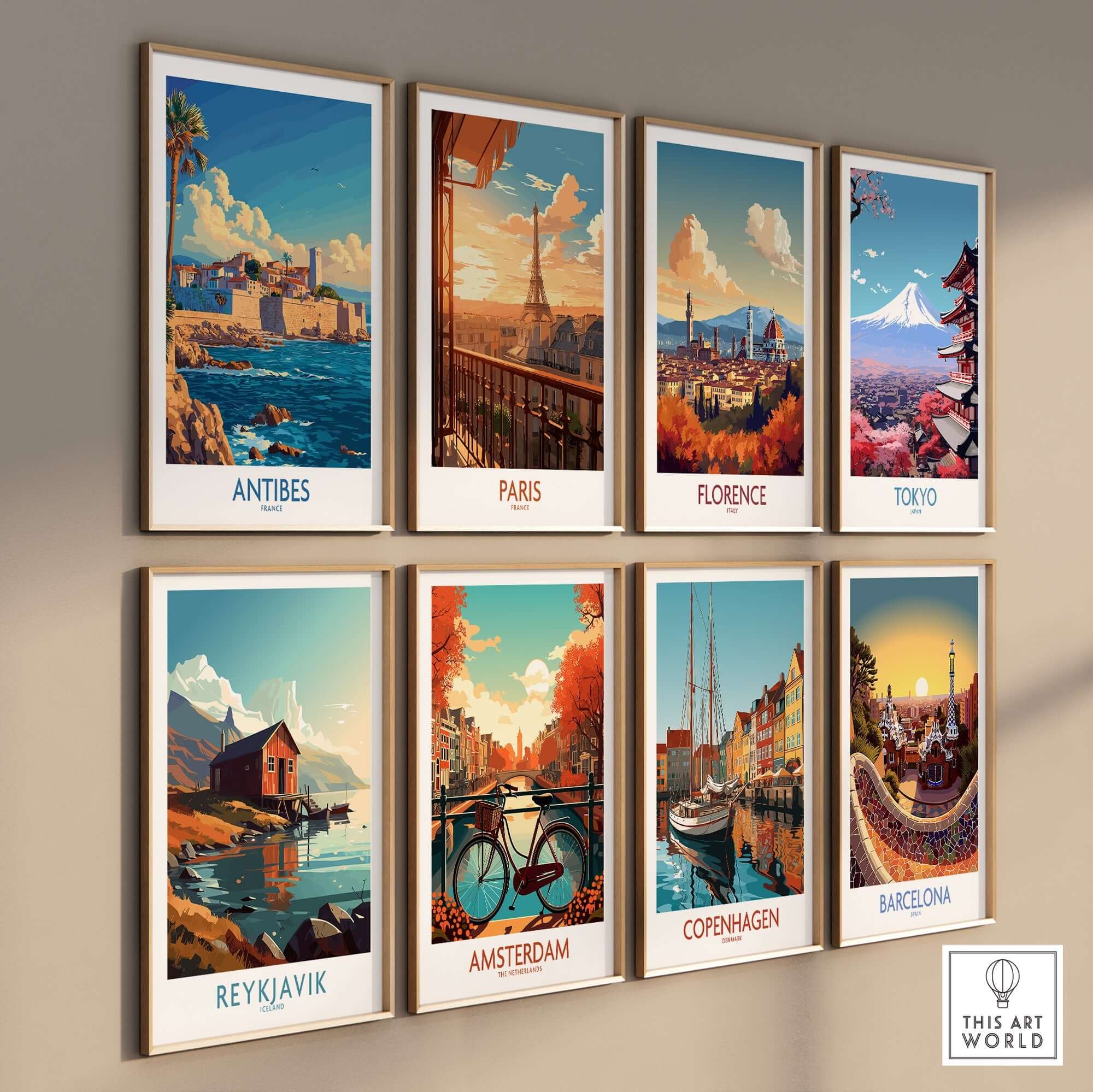 Antibes Art Print displayed among other vibrant travel posters showcasing famous cities.