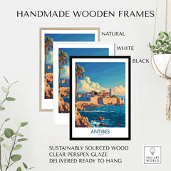 Antibes Art Print displayed in three handmade wooden frames: natural, white, and black, showcasing its vibrant design.