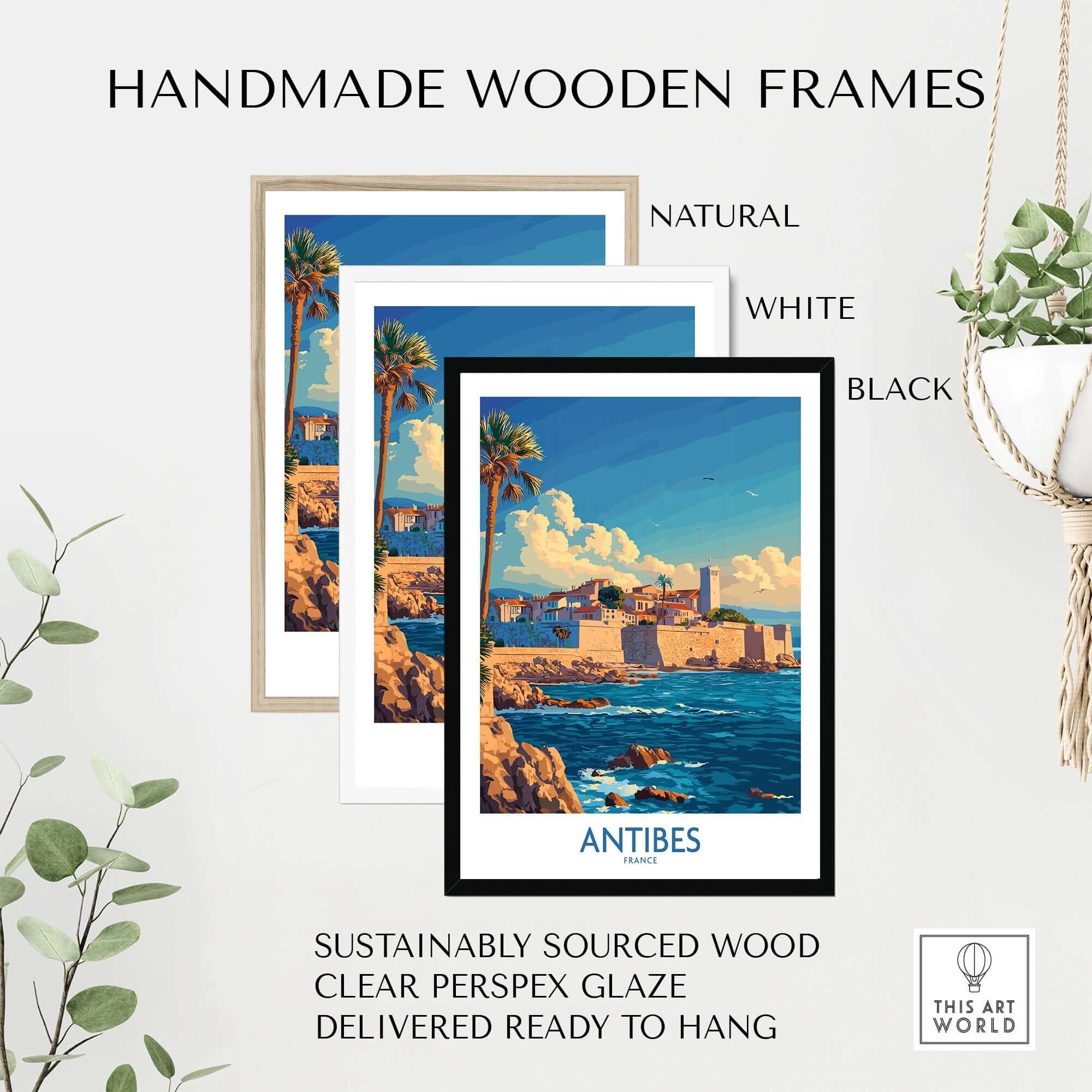 Antibes Art Print displayed in three handmade wooden frames: natural, white, and black, showcasing its vibrant design.