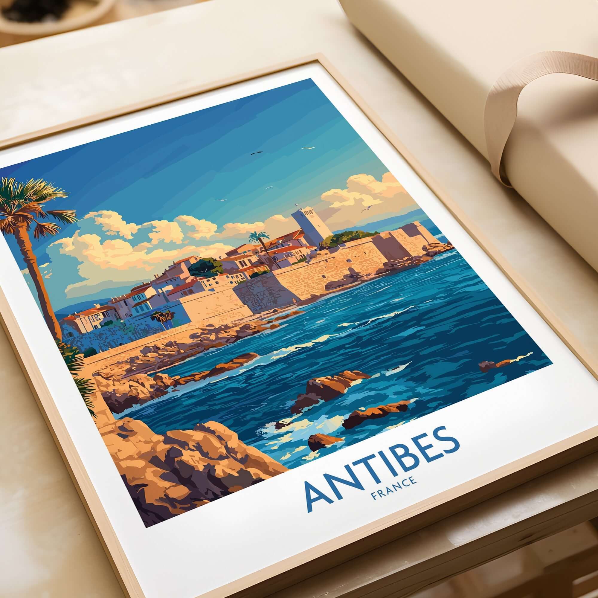 Antibes Art Print featuring a vibrant coastal scene of Antibes, France, framed and ready to elevate your space.