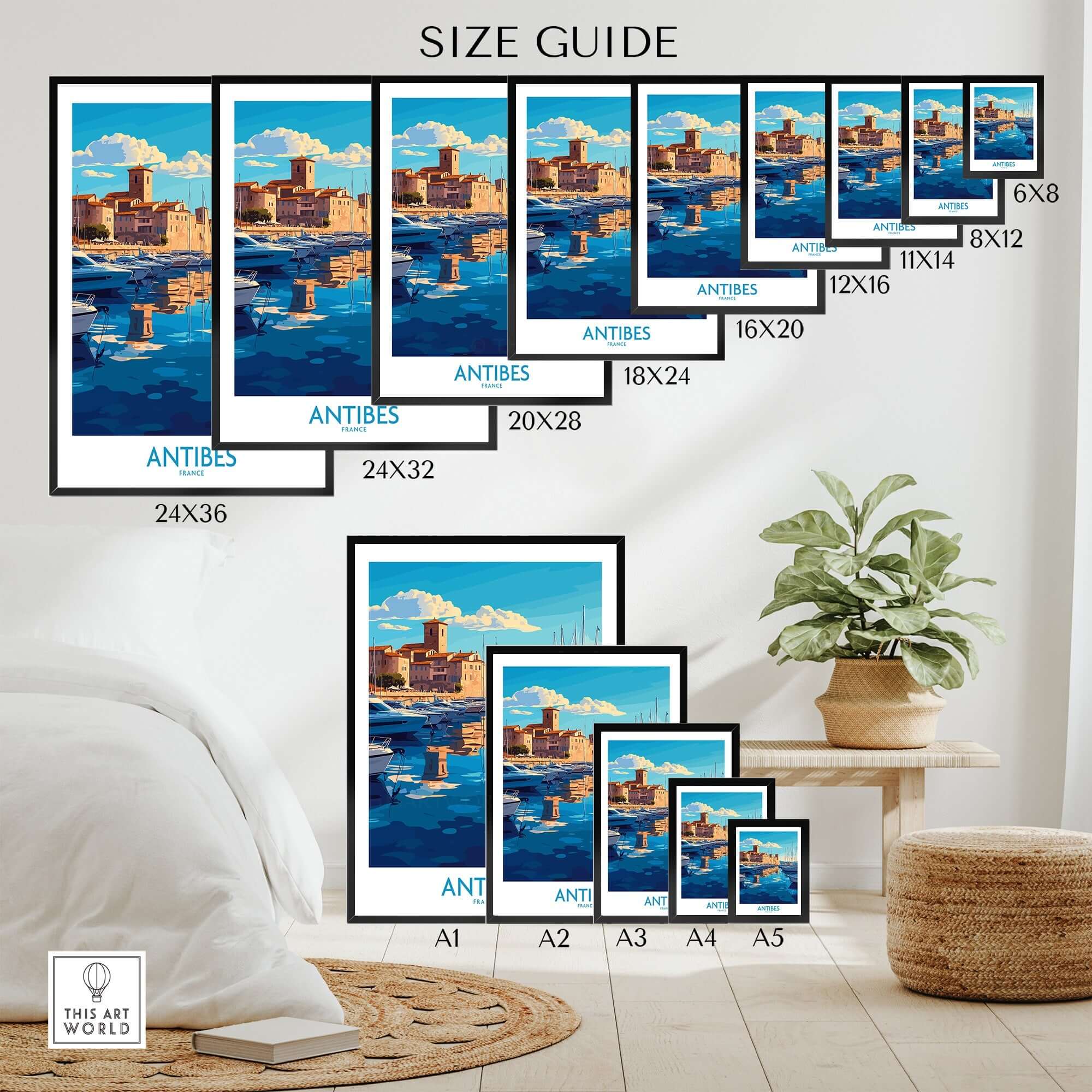 Antibes Poster France size guide showcasing various frame sizes for the Antibes poster.