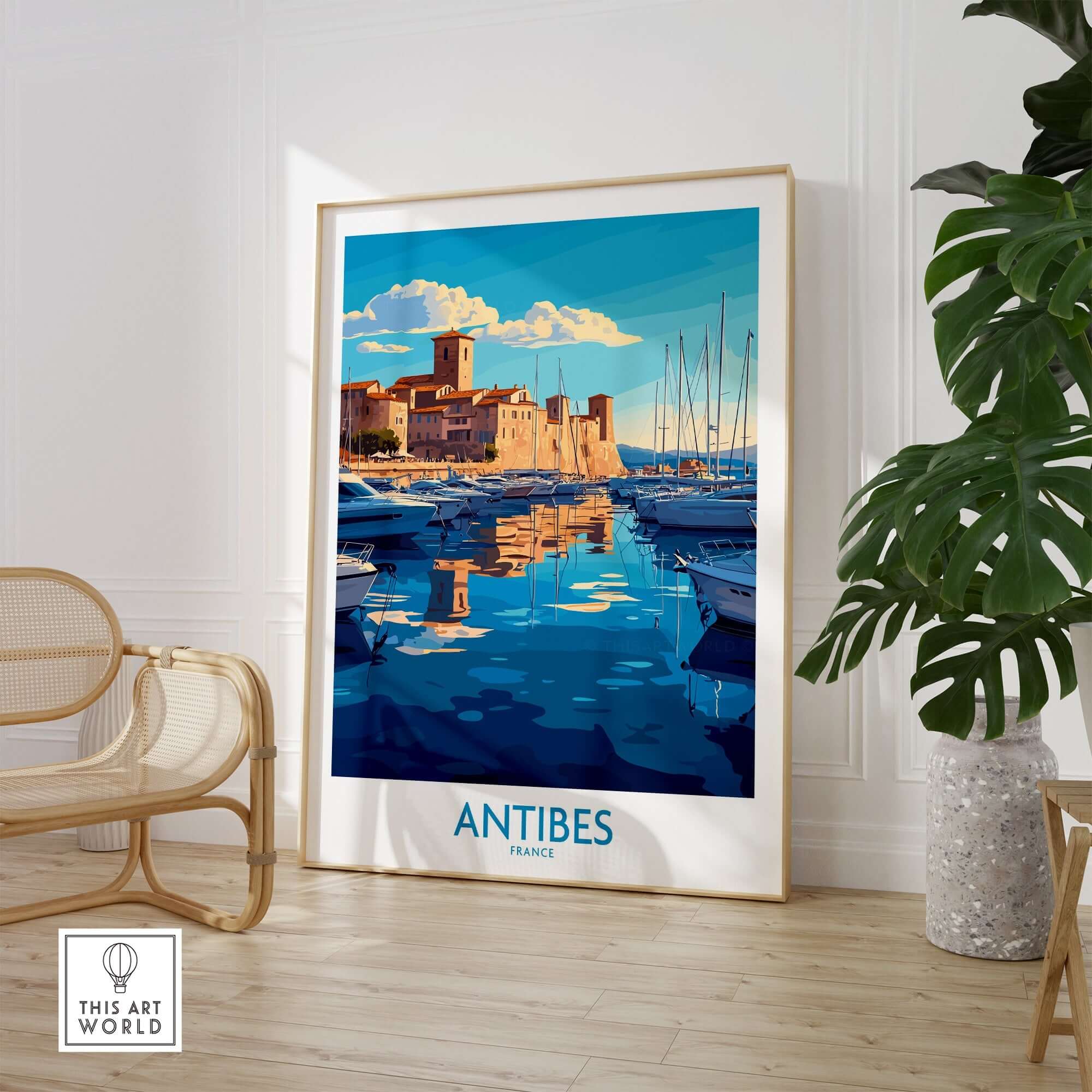 Antibes Poster France showcasing vibrant coastal views and charming streets of Antibes, France.