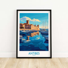 Antibes Poster France showcasing the coastal view and vibrant colors of Antibes, France, featuring boats and scenic architecture.