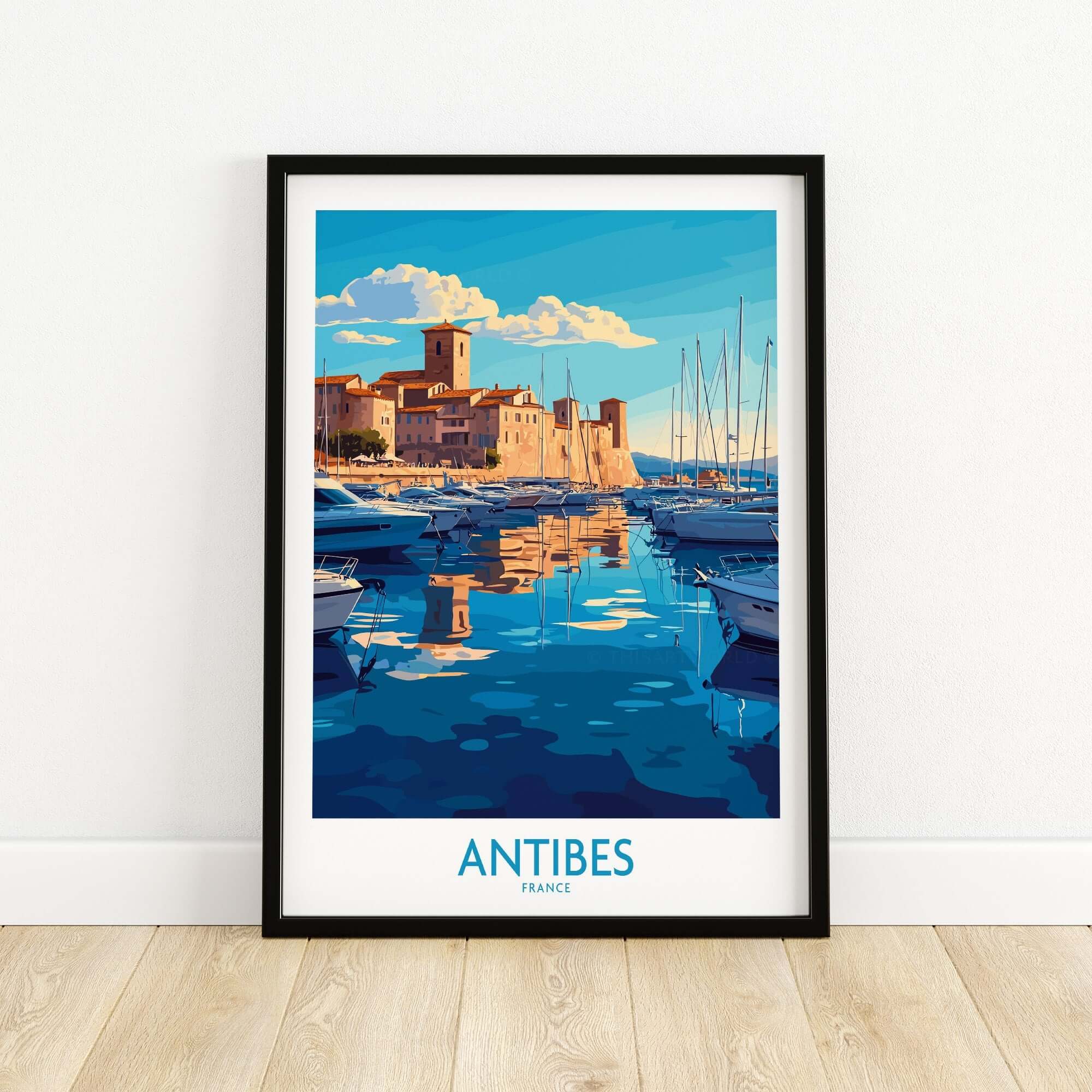 Antibes Poster France showcasing the coastal view and vibrant colors of Antibes, France, featuring boats and scenic architecture.