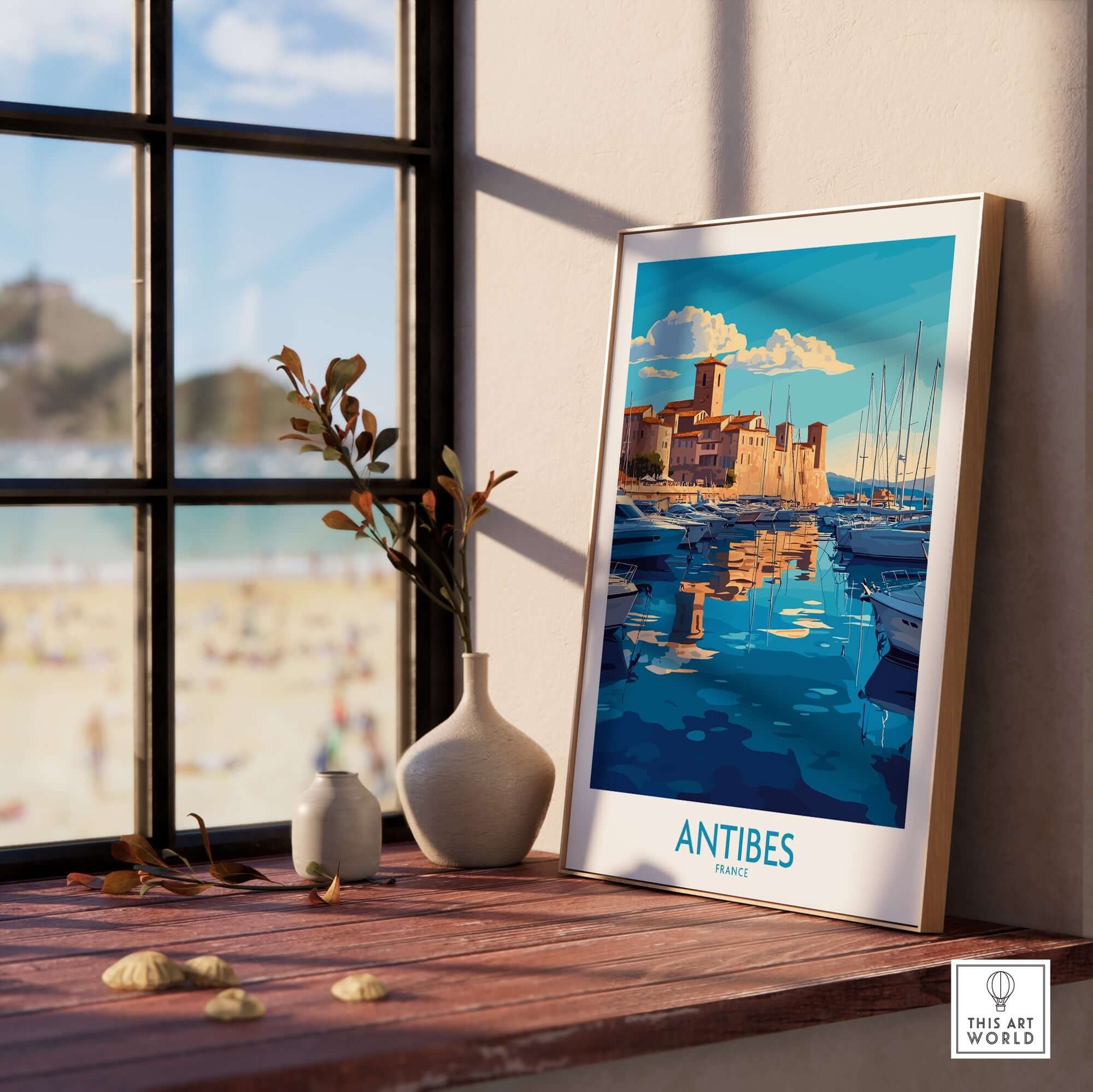 Antibes Poster France displayed in a coastal view decor setting, capturing the beauty of Antibes, France.