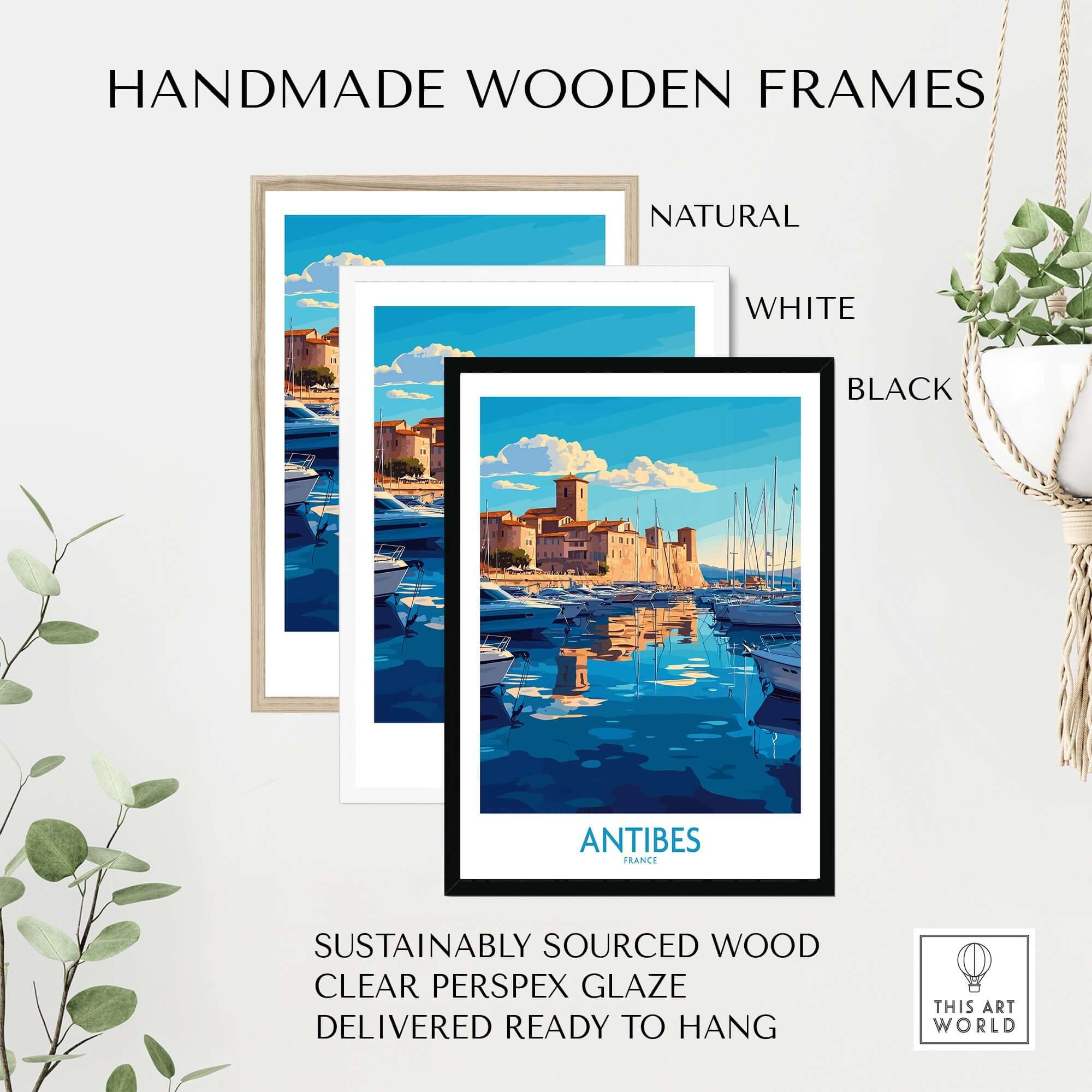 Antibes Poster France displayed in handmade wooden frames of natural, white, and black finishes.