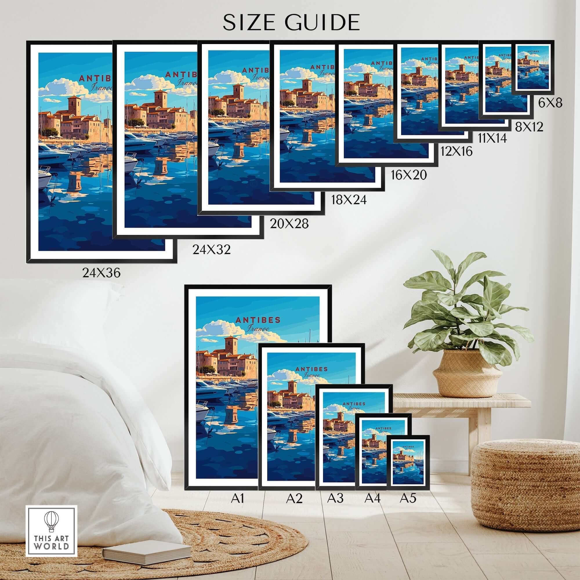 Size guide for Antibes Print France showcasing various frame sizes of the stunning print.