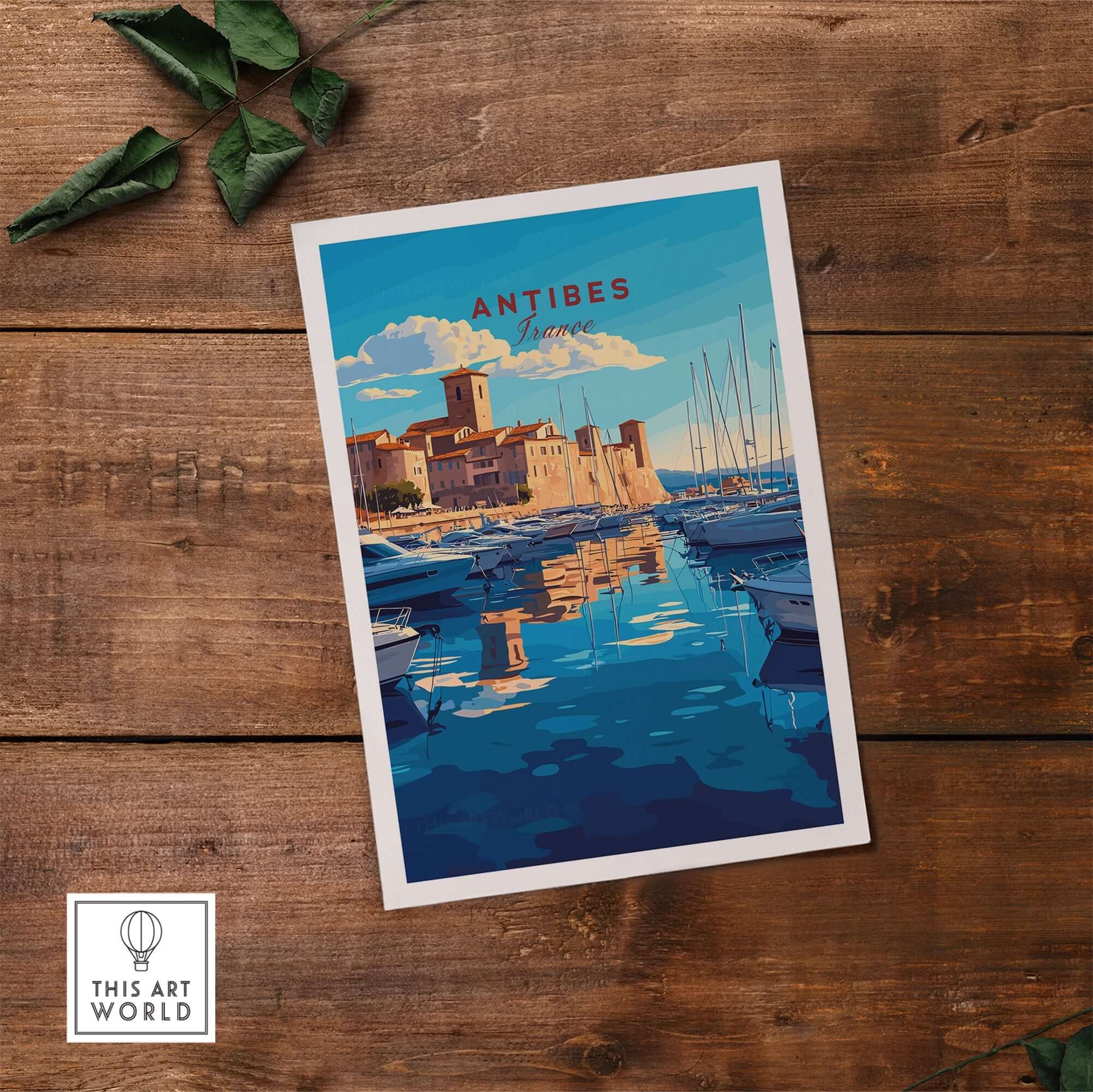 Antibes Print France showcasing a charming view of Antibes with boats and vibrant colors on a wooden table.