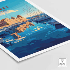Antibes Print France showcasing a vibrant view of Antibes harbor with boats reflecting in the water.