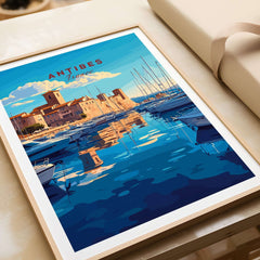Antibes Print France showcasing a stunning view of the city and harbor with boats on the water.