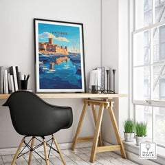Antibes Print France displayed in a bright room, showcasing Antibes city view and French Riviera charm.