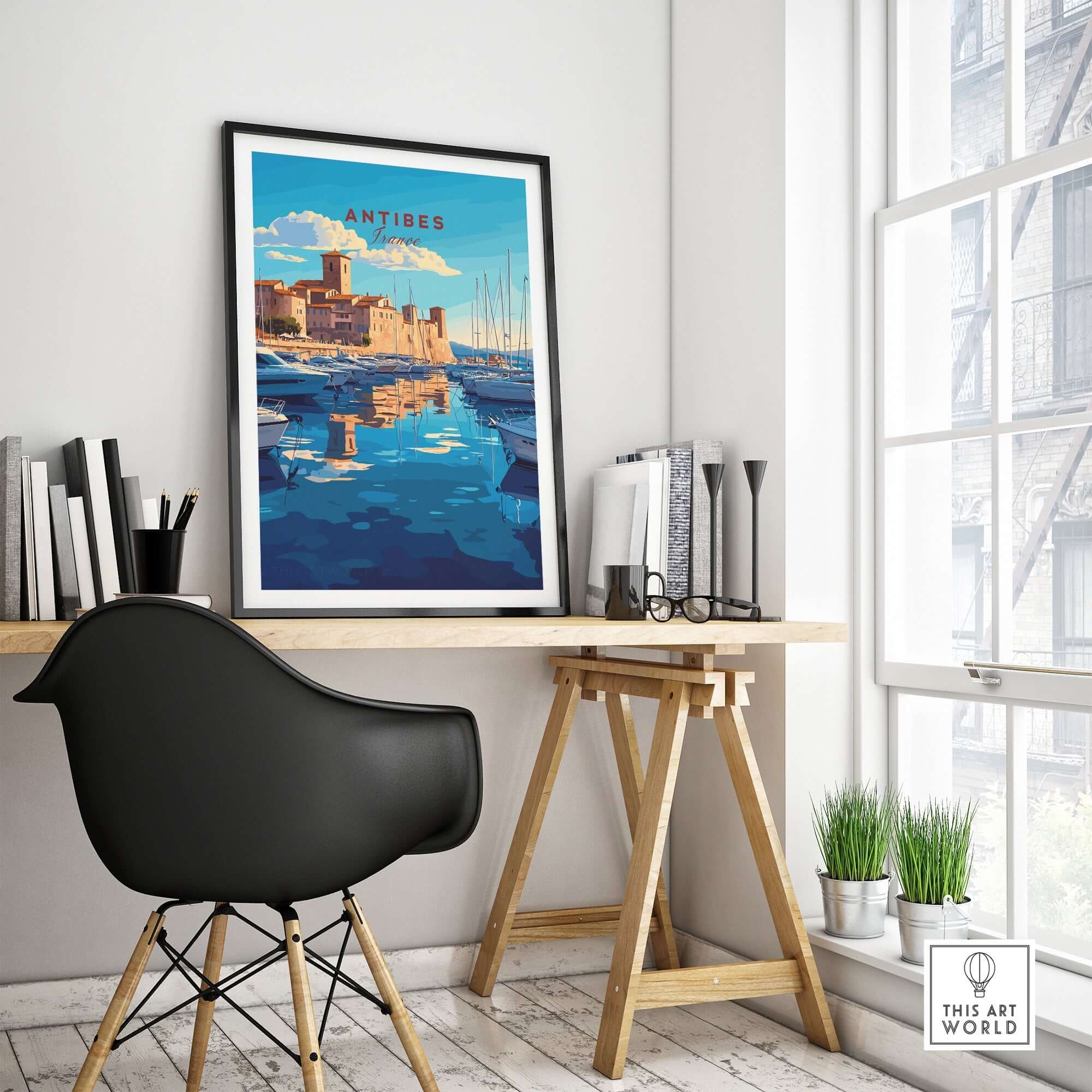 Antibes Print France displayed in a bright room, showcasing Antibes city view and French Riviera charm.