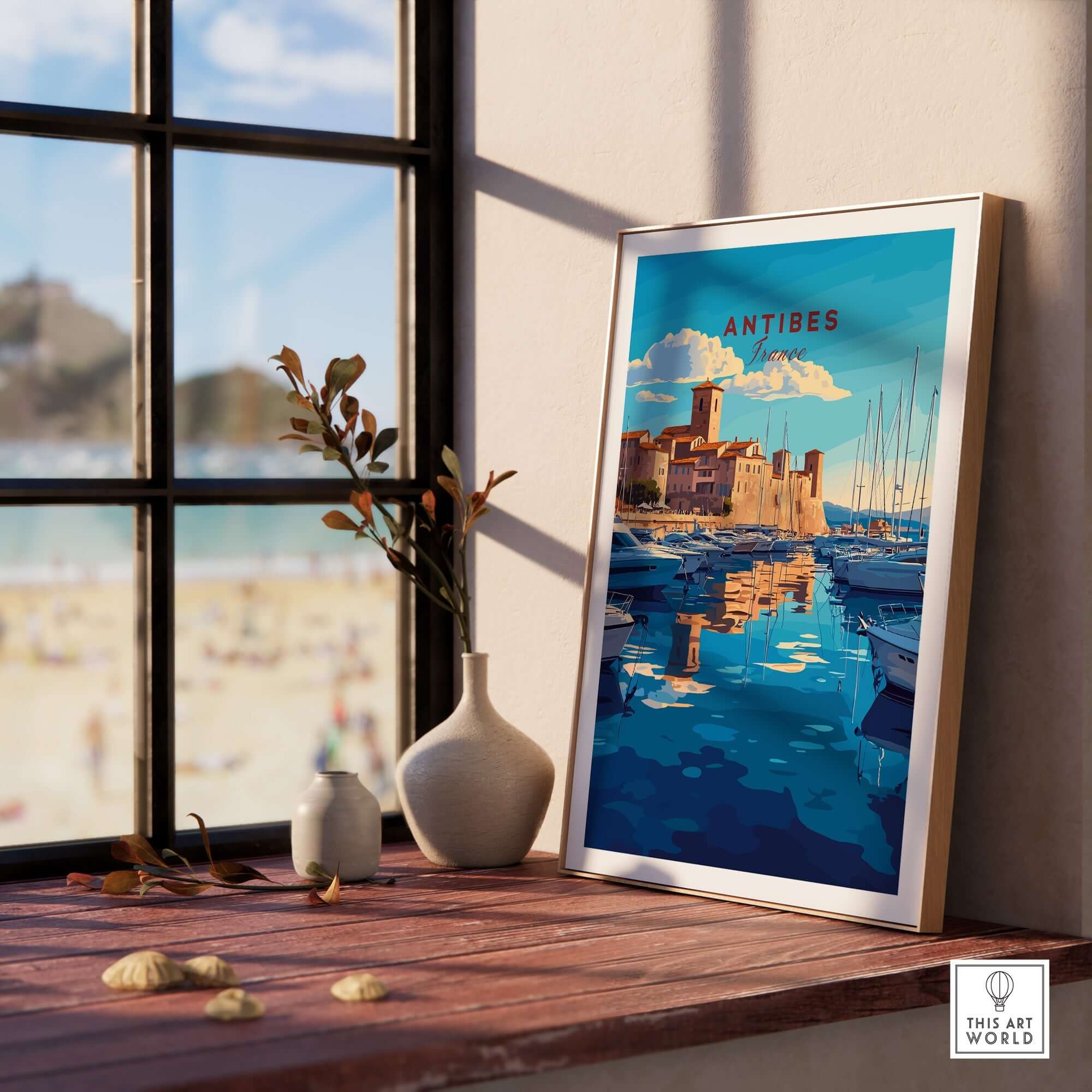 Antibes Print France showcasing a picturesque view of Antibes with boats and cityscape in a framed print.