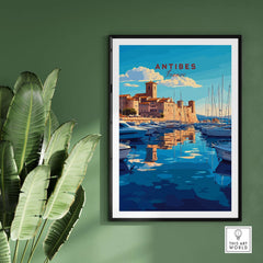 Antibes Print France featuring a stunning view of Antibes with boats and charming architecture on the French Riviera.