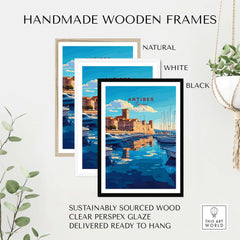 Handmade wooden frames in natural, white, and black for Antibes Print France, sustainably sourced wood, ready to hang.