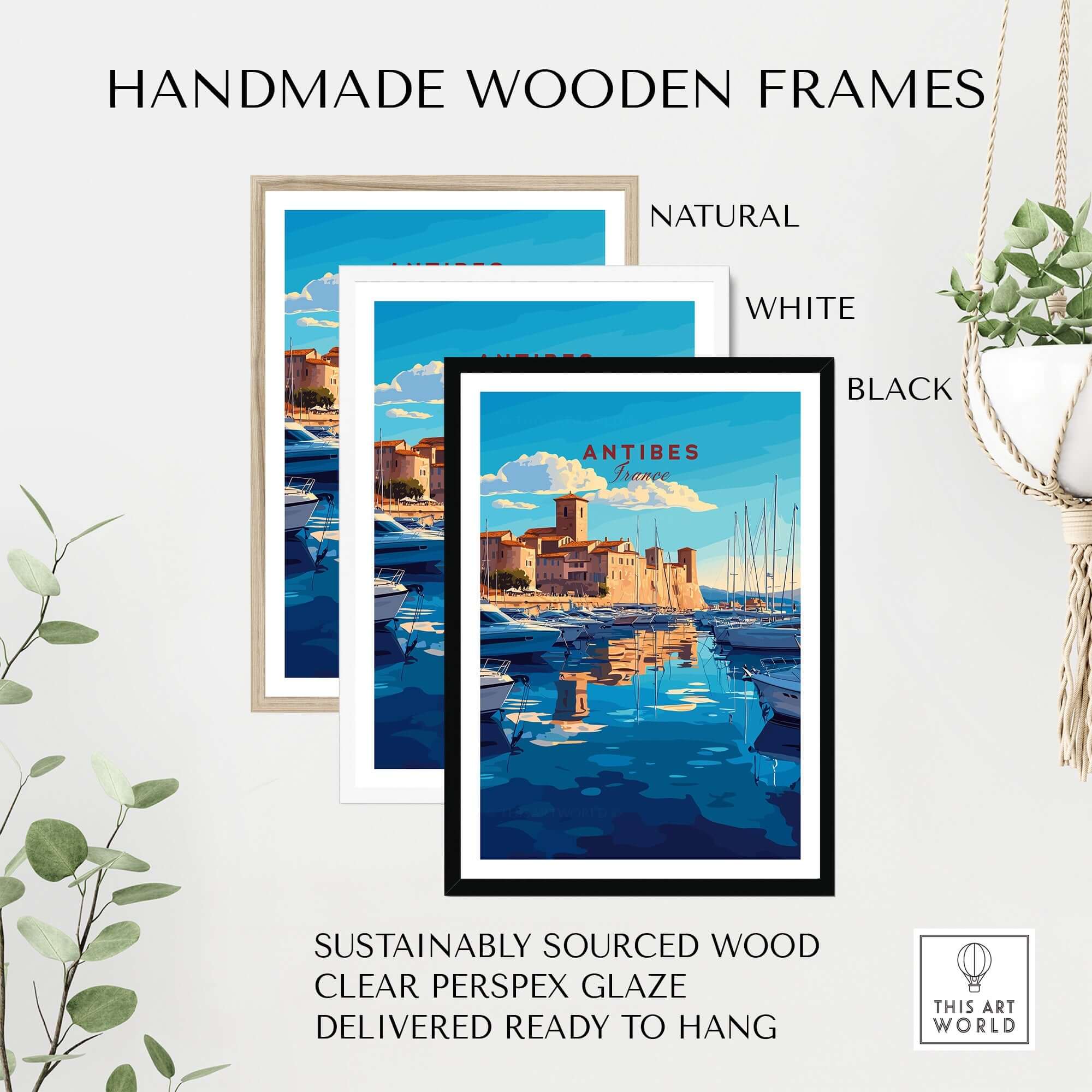 Handmade wooden frames in natural, white, and black for Antibes Print France, sustainably sourced wood, ready to hang.