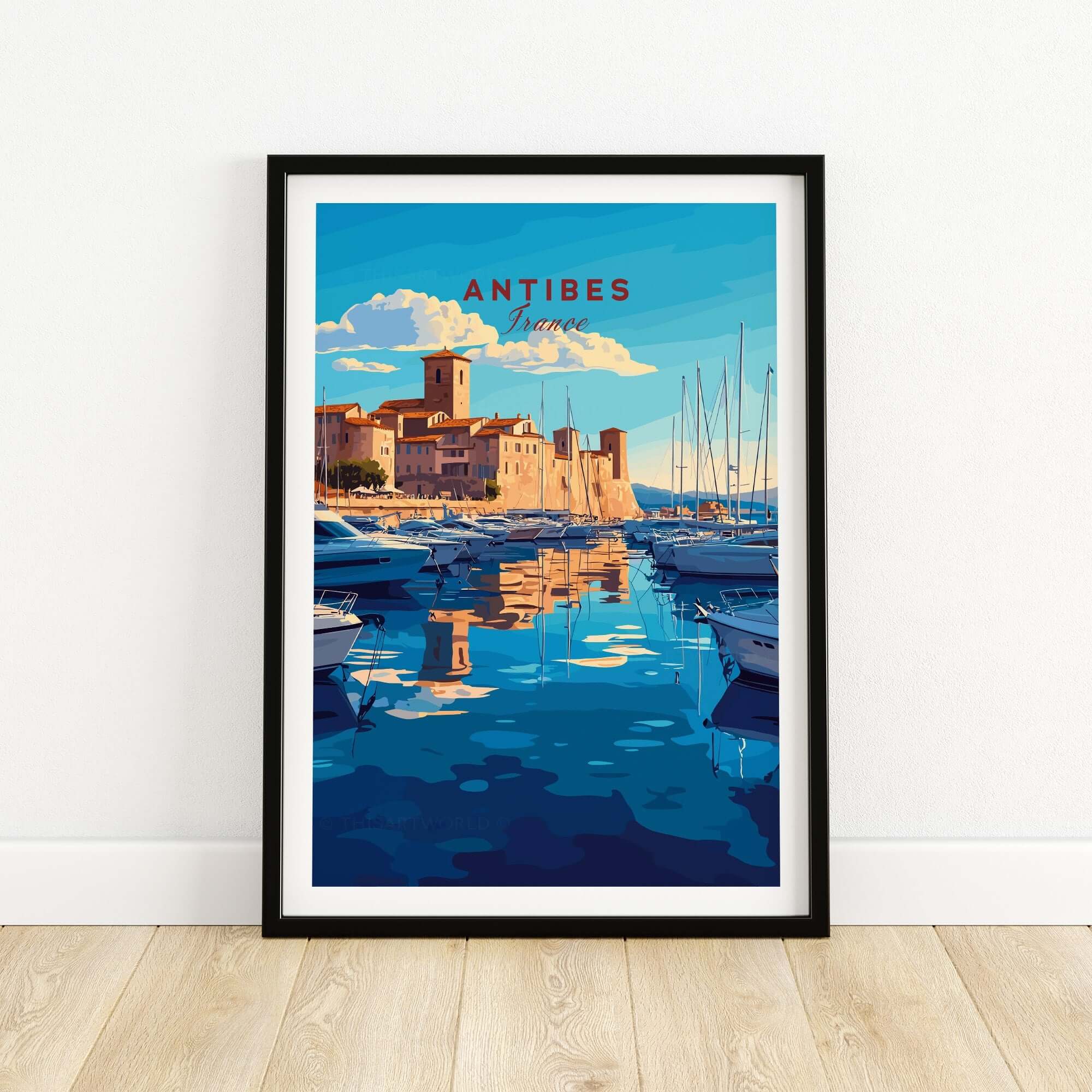 Antibes Print France featuring a mesmerizing view of the charming city of Antibes with boats in the harbor.