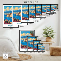 Antibes Travel Poster size guide showcasing various dimensions and placement options in a stylish interior.