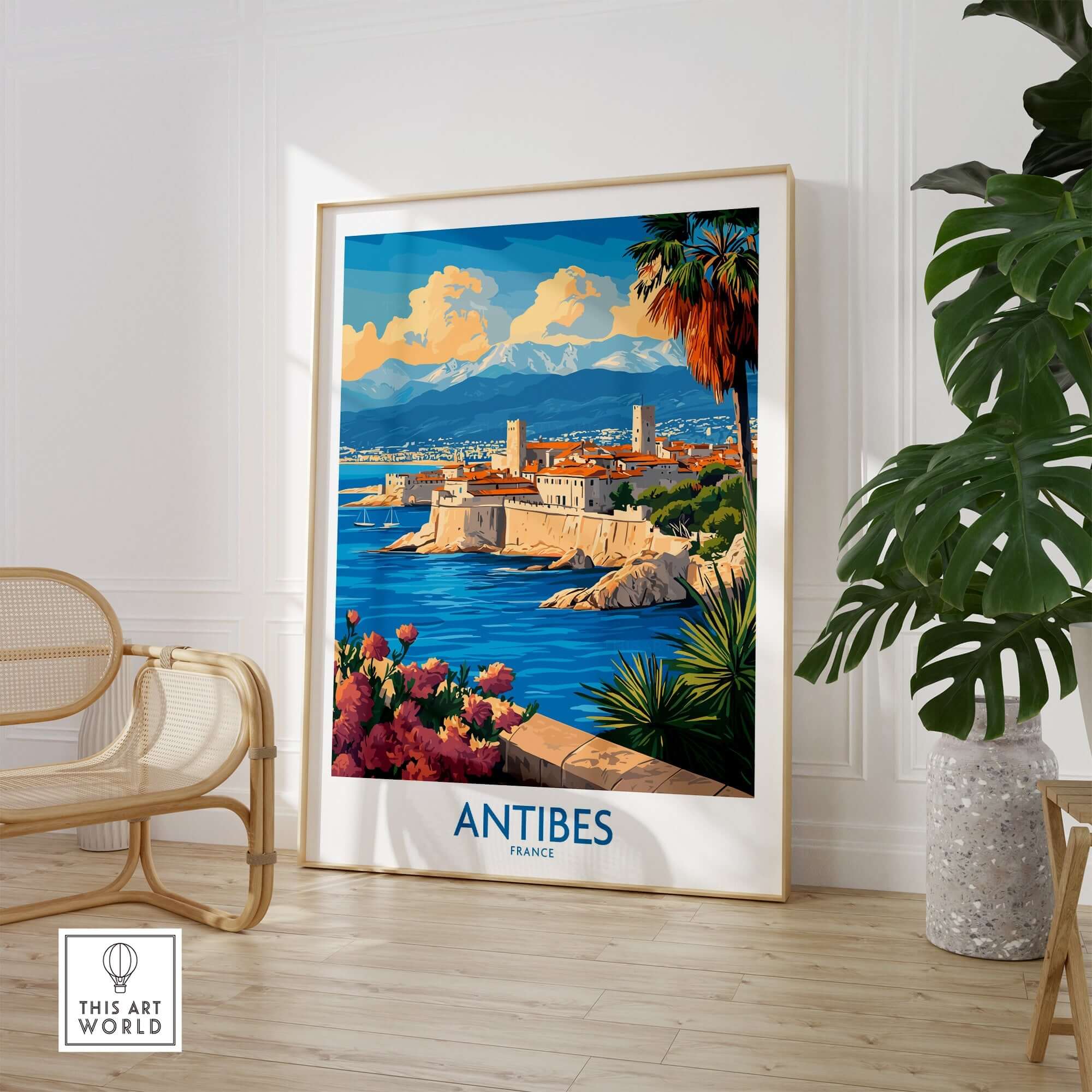 Antibes Travel Poster featuring vibrant colors and scenic views of Antibes, France, perfect for decor enthusiasts.