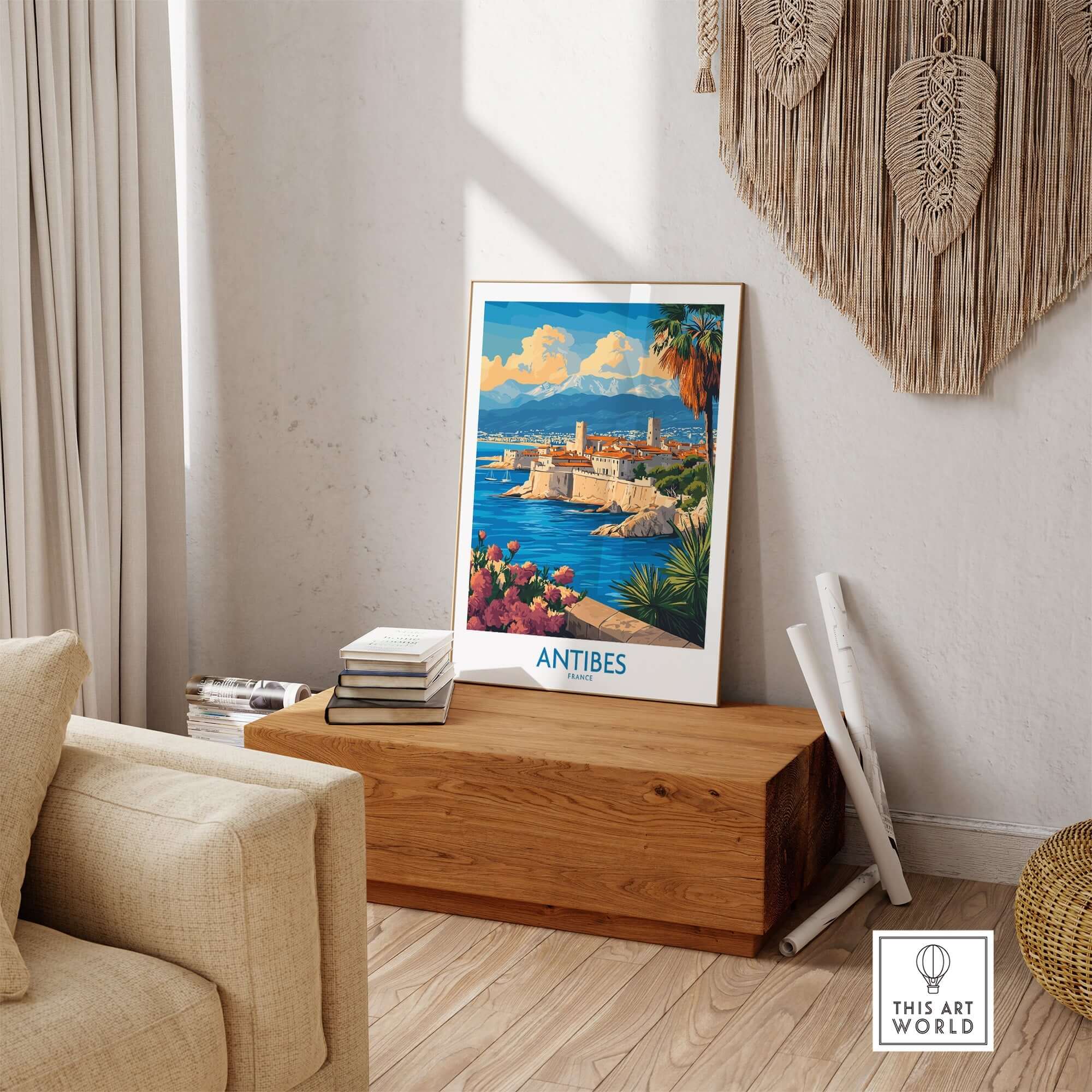 Antibes Travel Poster showcasing the beauty of Antibes and the French Riviera in a stylish living room setting.