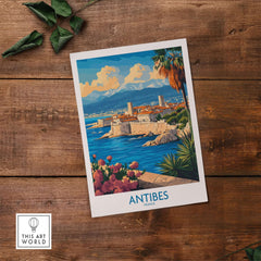 Antibes Travel Poster showcasing the beauty of Antibes, France with vibrant colors and Mediterranean scenery.