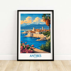 Antibes Travel Poster featuring a vibrant seaside view of Antibes, France, with bold colors and Mediterranean charm.