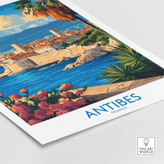 Antibes Travel Poster featuring vibrant scenery of the French Riviera with coastal views and colorful foliage.