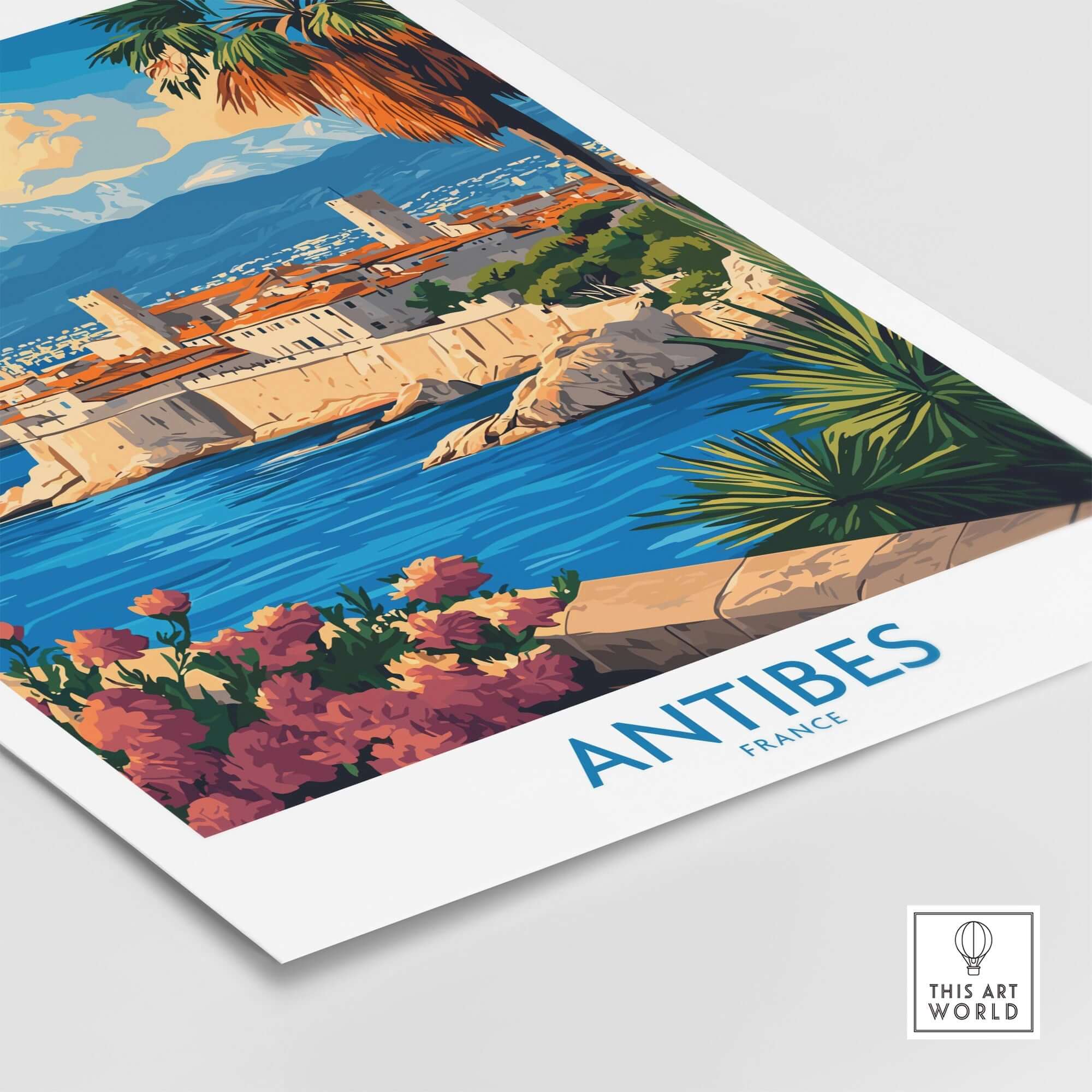 Antibes Travel Poster featuring vibrant scenery of the French Riviera with coastal views and colorful foliage.