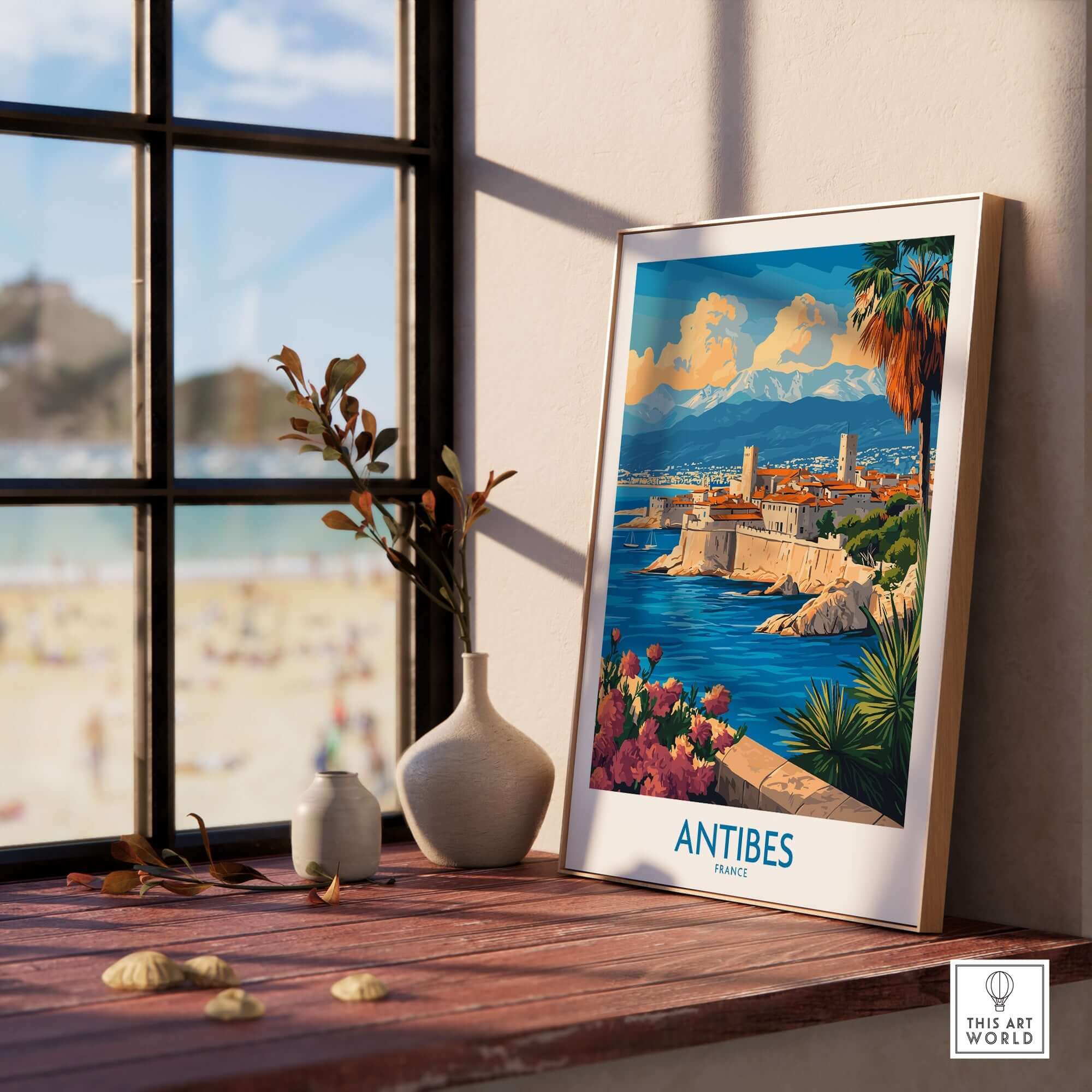 Antibes Travel Poster featuring vibrant colors and stunning Mediterranean scenery, perfect for travel enthusiasts.