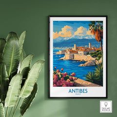 Antibes Travel Poster showcasing the stunning landscape of Antibes, France with vibrant colors and Mediterranean charm.