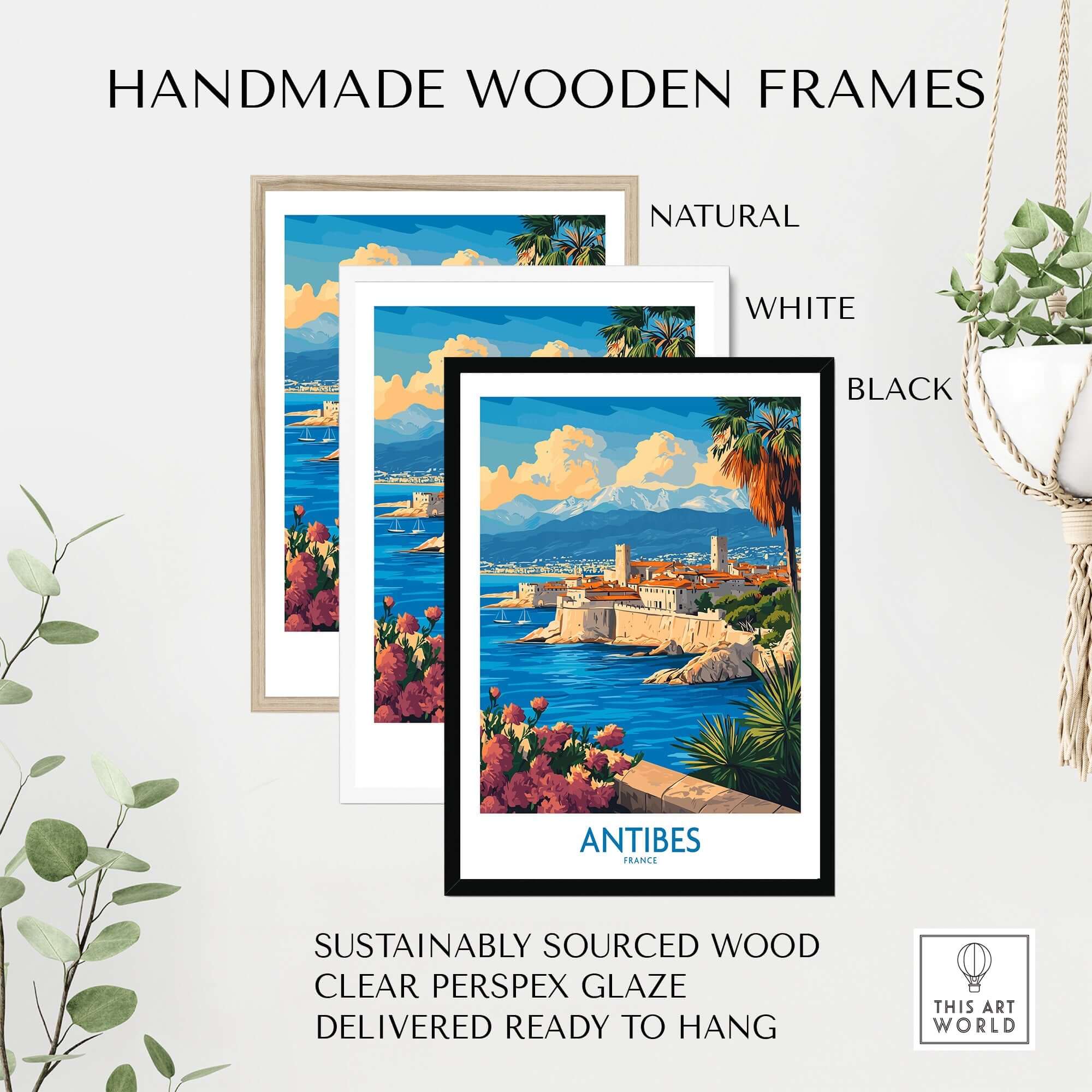 Antibes Travel Poster framed in natural, white, and black options, showcasing the beauty of Antibes.