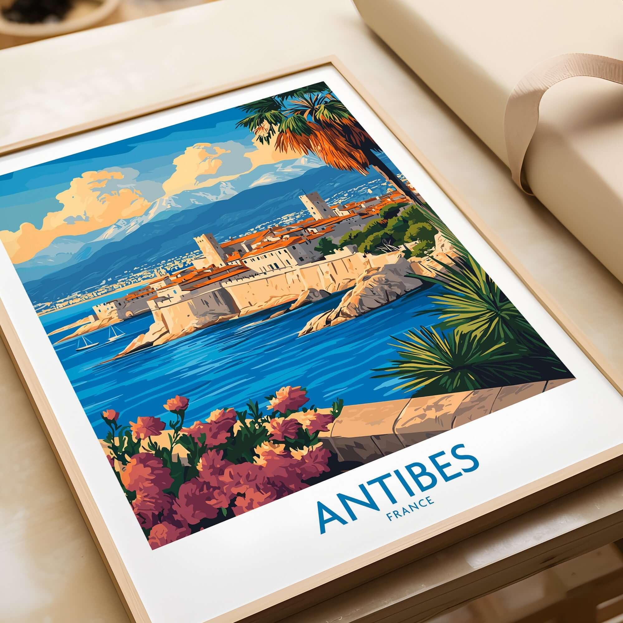 Antibes Travel Poster showcasing the scenic beauty of Antibes, France, with vibrant colors and Mediterranean allure.