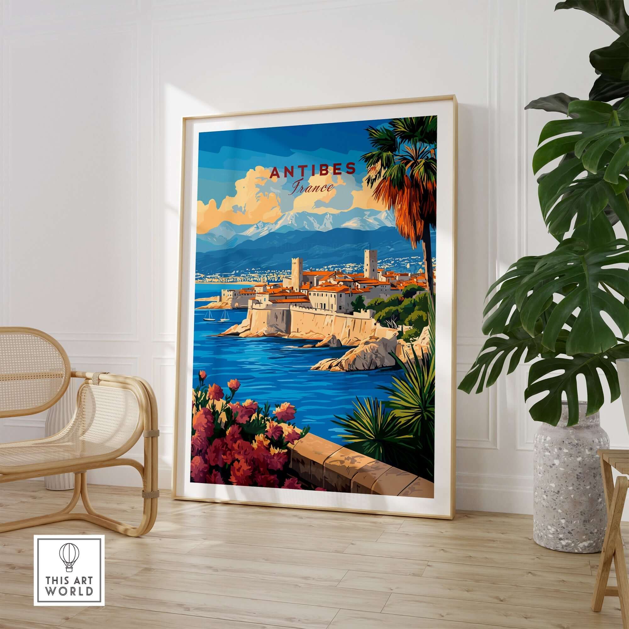 Antibes Travel Print showcasing a vibrant coastal scene of Antibes with palm trees and mountains in the background.