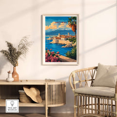 Antibes Travel Print displayed in a stylish home setting, capturing the essence of the French Riviera.
