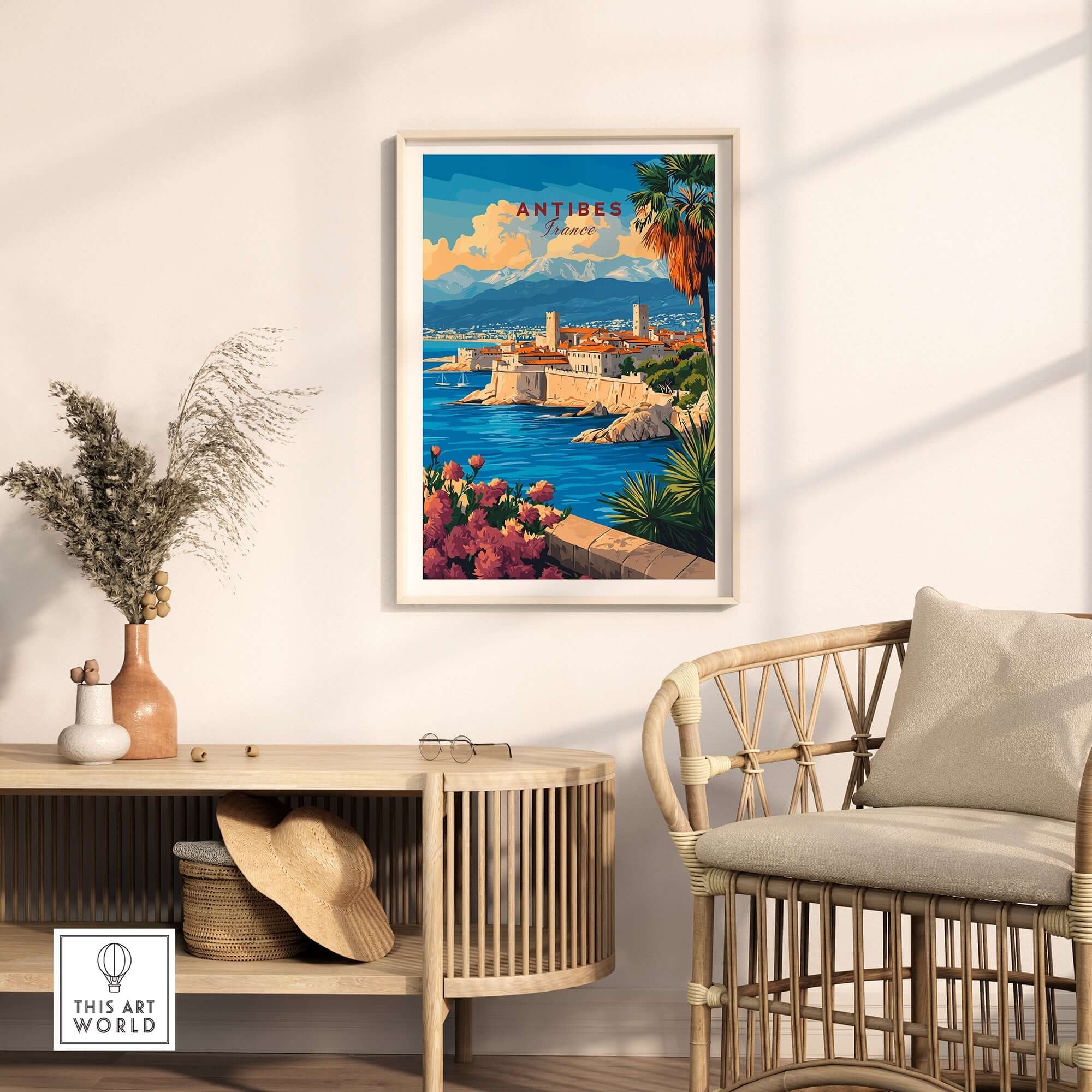Antibes Travel Print displayed in a stylish home setting, capturing the essence of the French Riviera.