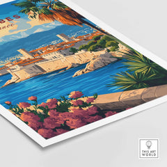 Antibes Travel Print showcasing the stunning coastal view of Antibes with vibrant flowers and palm trees.