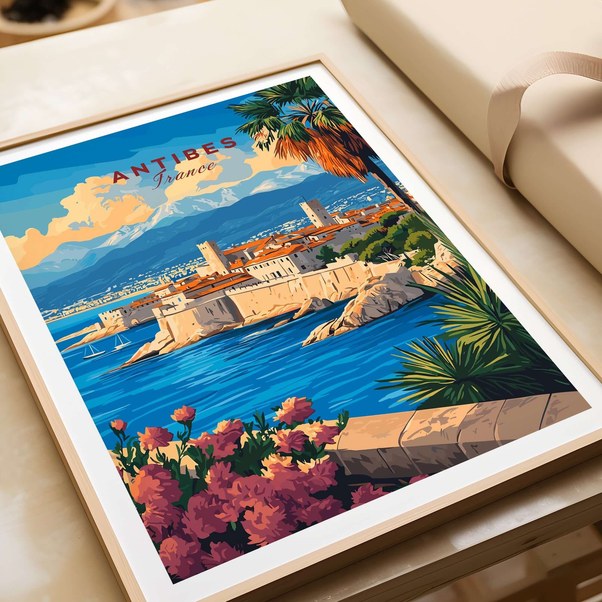 Antibes Travel Print showcasing a vibrant coastal scene in Antibes, France with picturesque buildings and flowers.