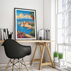 Antibes Travel Print displayed in a stylish office setting, inspiring wanderlust and capturing the beauty of the French Riviera.