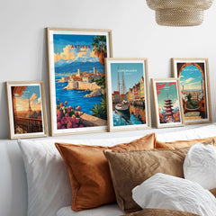 Antibes Travel Print art displayed in elegant frames, showcasing travel destinations and adding style to a cozy room.